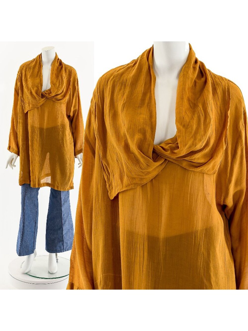 Laise Adzer Golden Mustard Crinkle Gauze Tunic Blouse Mini Dress